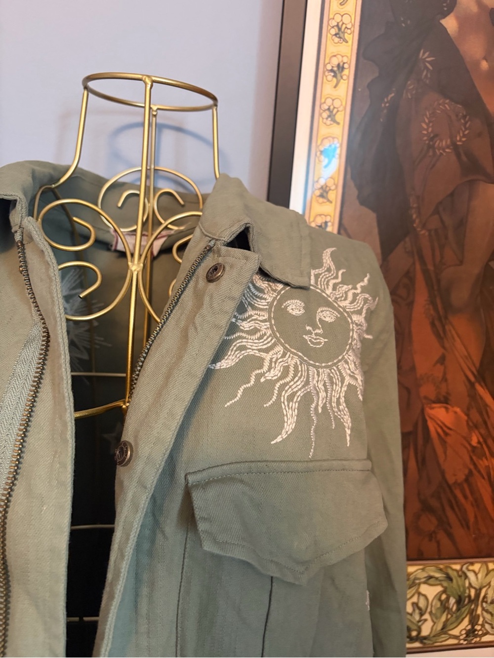 Johnny Was Olive Green Utility Jacket with White Celestial Embroidery - Picture 2 of 6